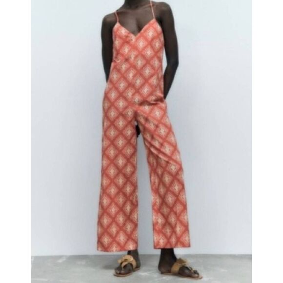 Zara Pants - Zara The Jami Orange Ikat Pattern Boho Jumpsuit XS